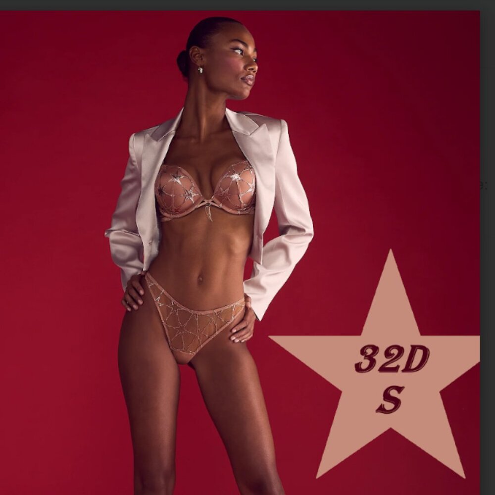 Victoria's Secret Very Sexy Stardust Embroidery Gold Push-Up Bra 32D Panty S Set